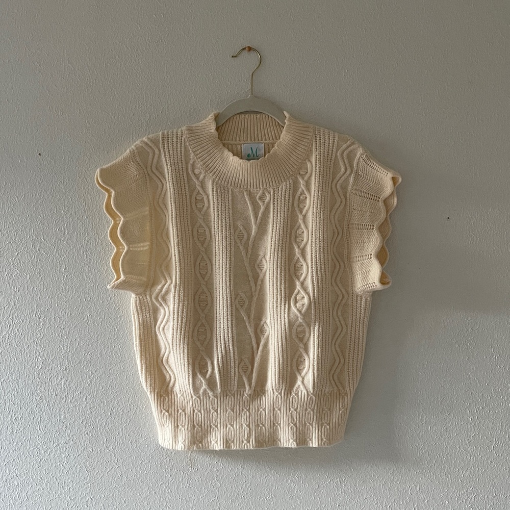 Mint Cable Knit Sweater Short Sleeve Prairie Grandma Cream